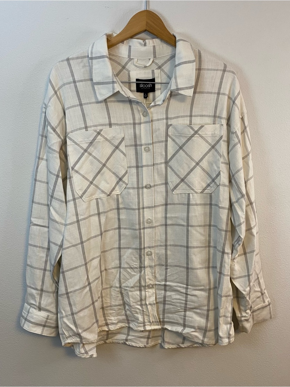 Stoosh NWT Linen Blend Long Sleeve Button Down Flannel White Grey Large